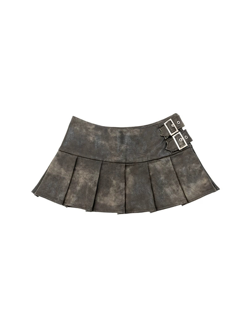 NEXT PASSPORT gray-brown double-belt pleated PU mini skirt, gray-brown flat lay