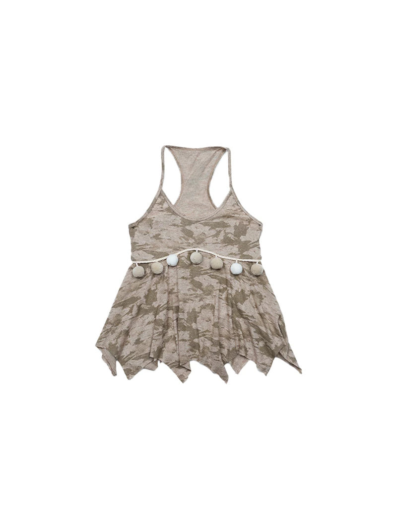 NEXT PASSPORT khaki abstract pom-pom handkerchief camisole flat lay