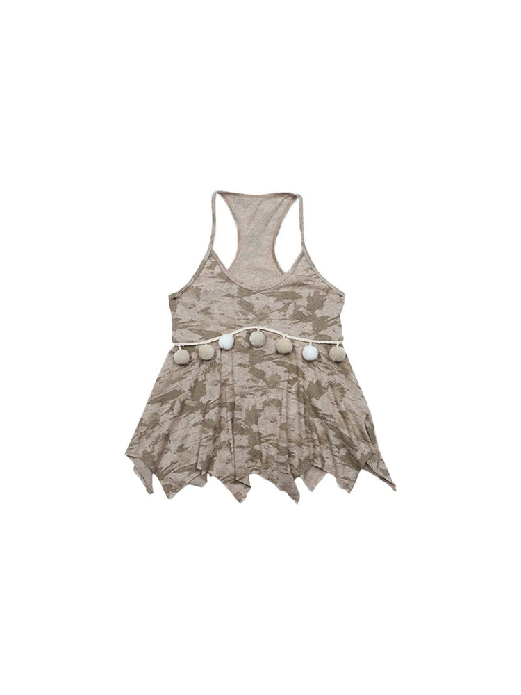 NEXT PASSPORT khaki abstract pom-pom handkerchief camisole flat lay