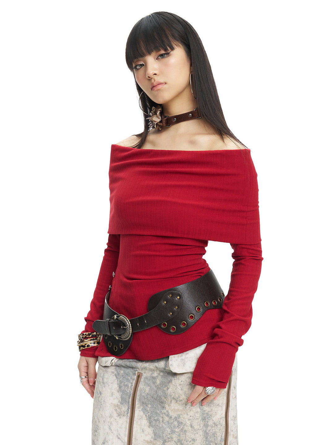 NEXT PASSPORT striped bardot side-slit fitted long-sleeve tee in RED, front three-quarter view