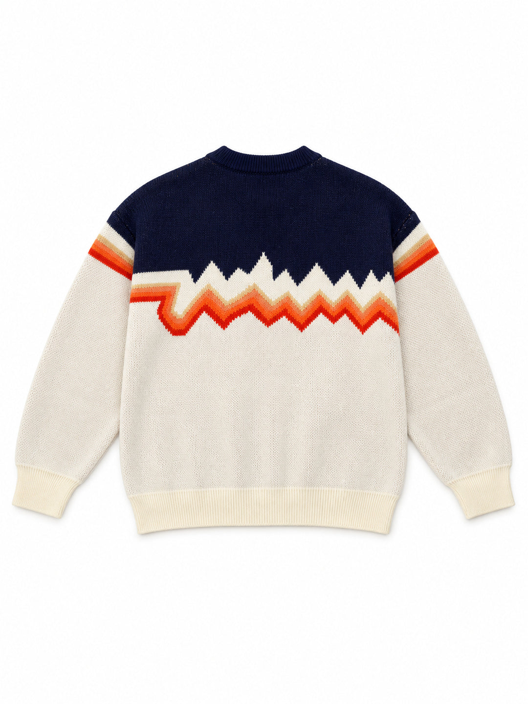 Back flat lay of the cream and navy knit sweater showing continuous orange zigzag bands.