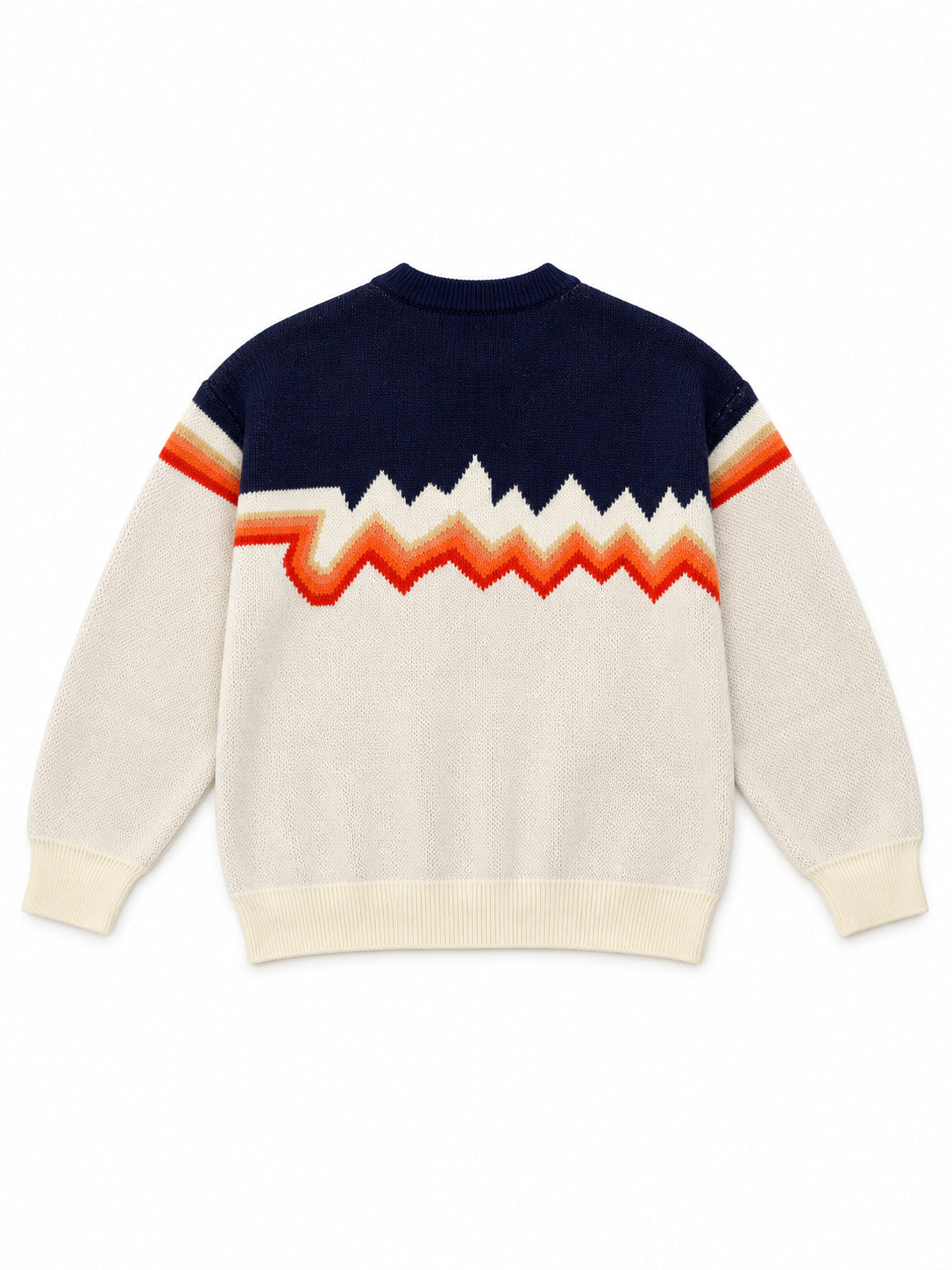 Back flat lay of the cream and navy knit sweater showing continuous orange zigzag bands.