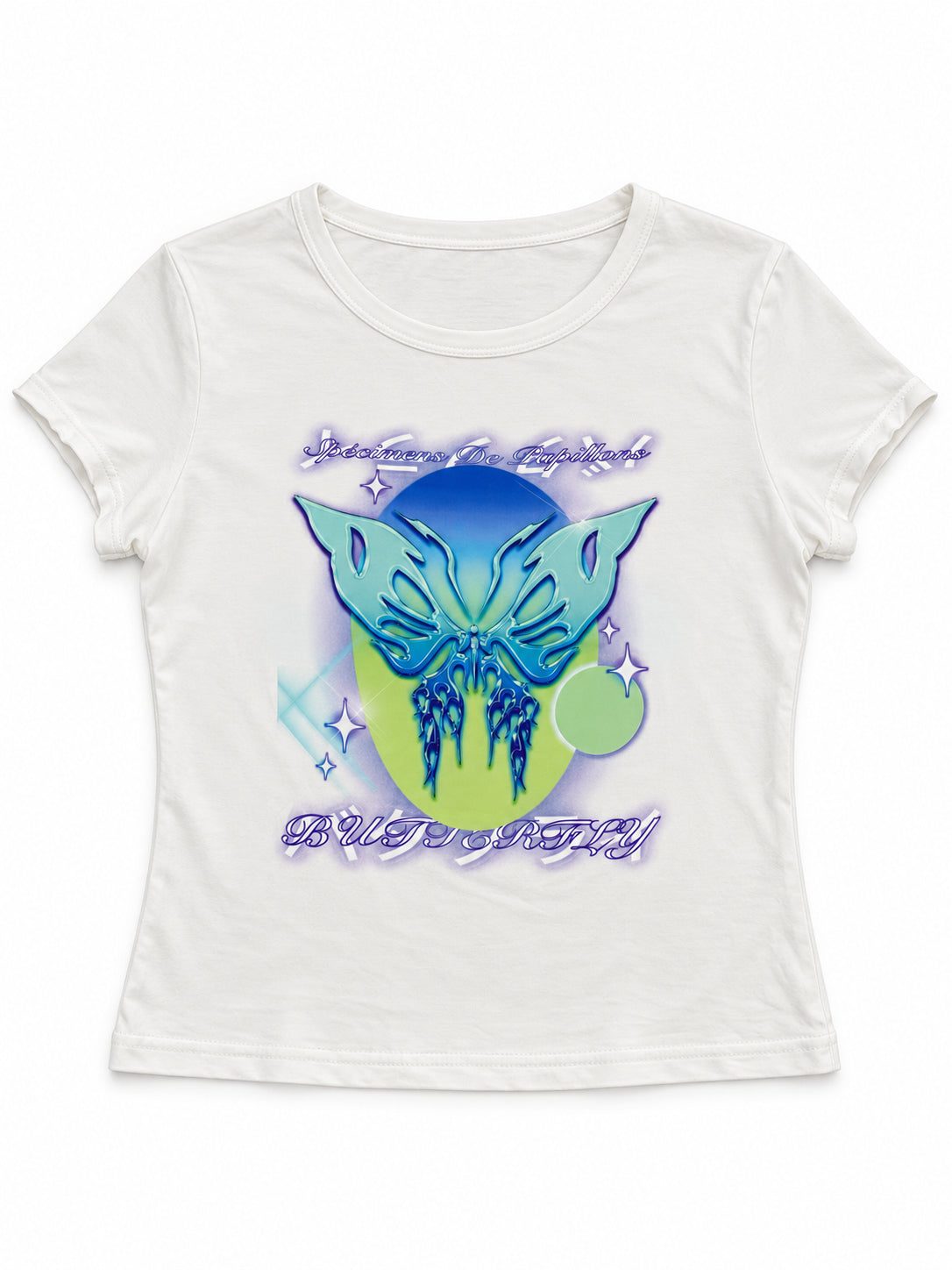 Front flat lay of the white tee with blue-green butterfly, purple lettering and star graphics.