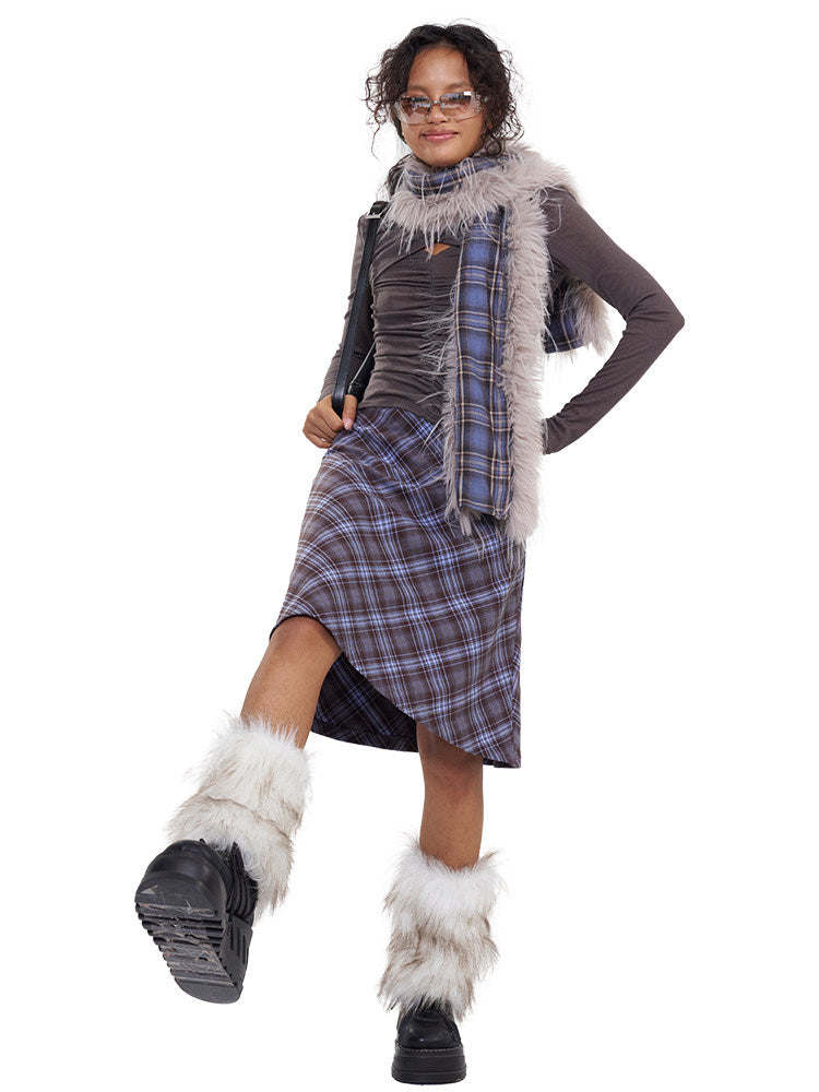 NEXT PASSPORT blue-purple plaid faux-fur scarf — full-length modeled front view showing its length