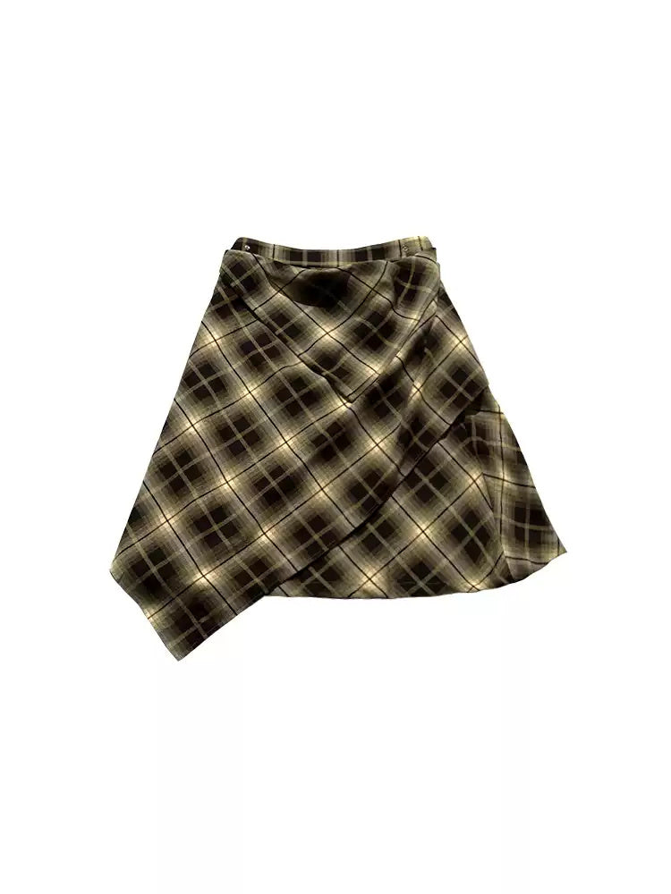 NEXT PASSPORT yellow plaid wrap-panel midi skirt flat lay