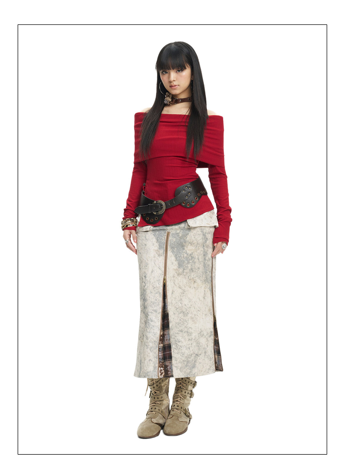 Full-length red-top studio view of the khaki zip midi skirt