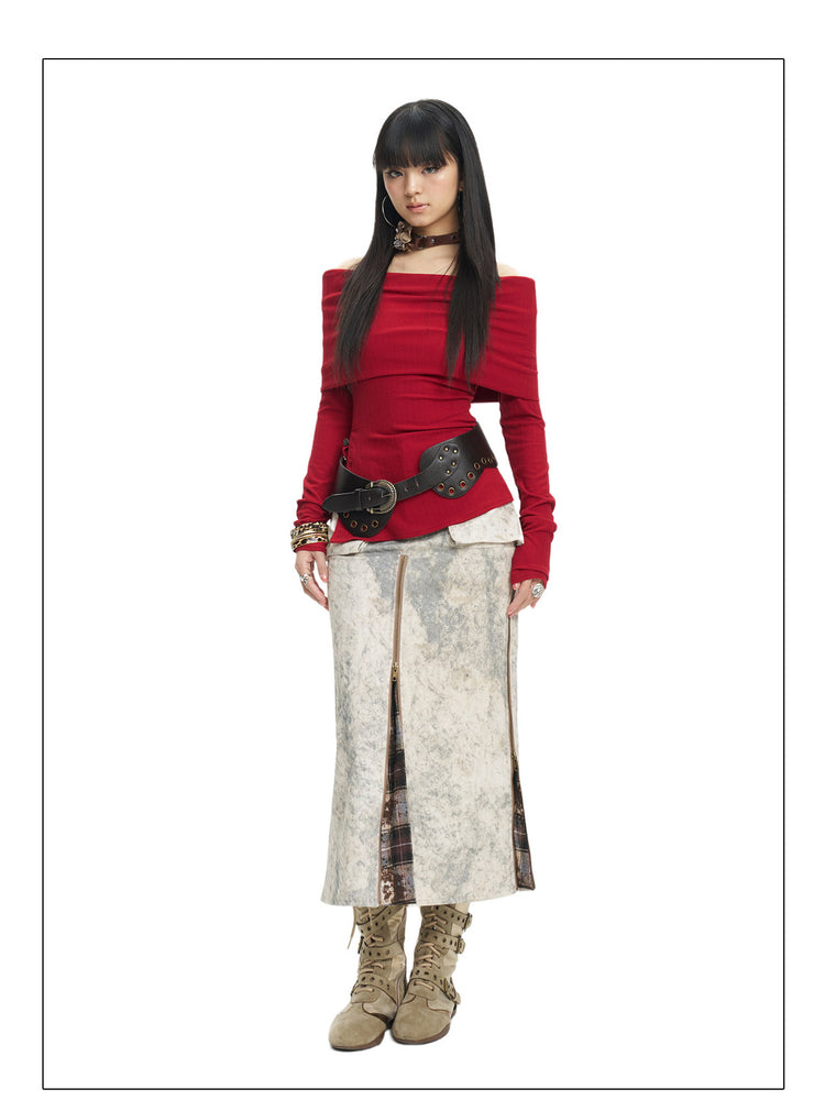 Full-length red-top studio view of the khaki zip midi skirt