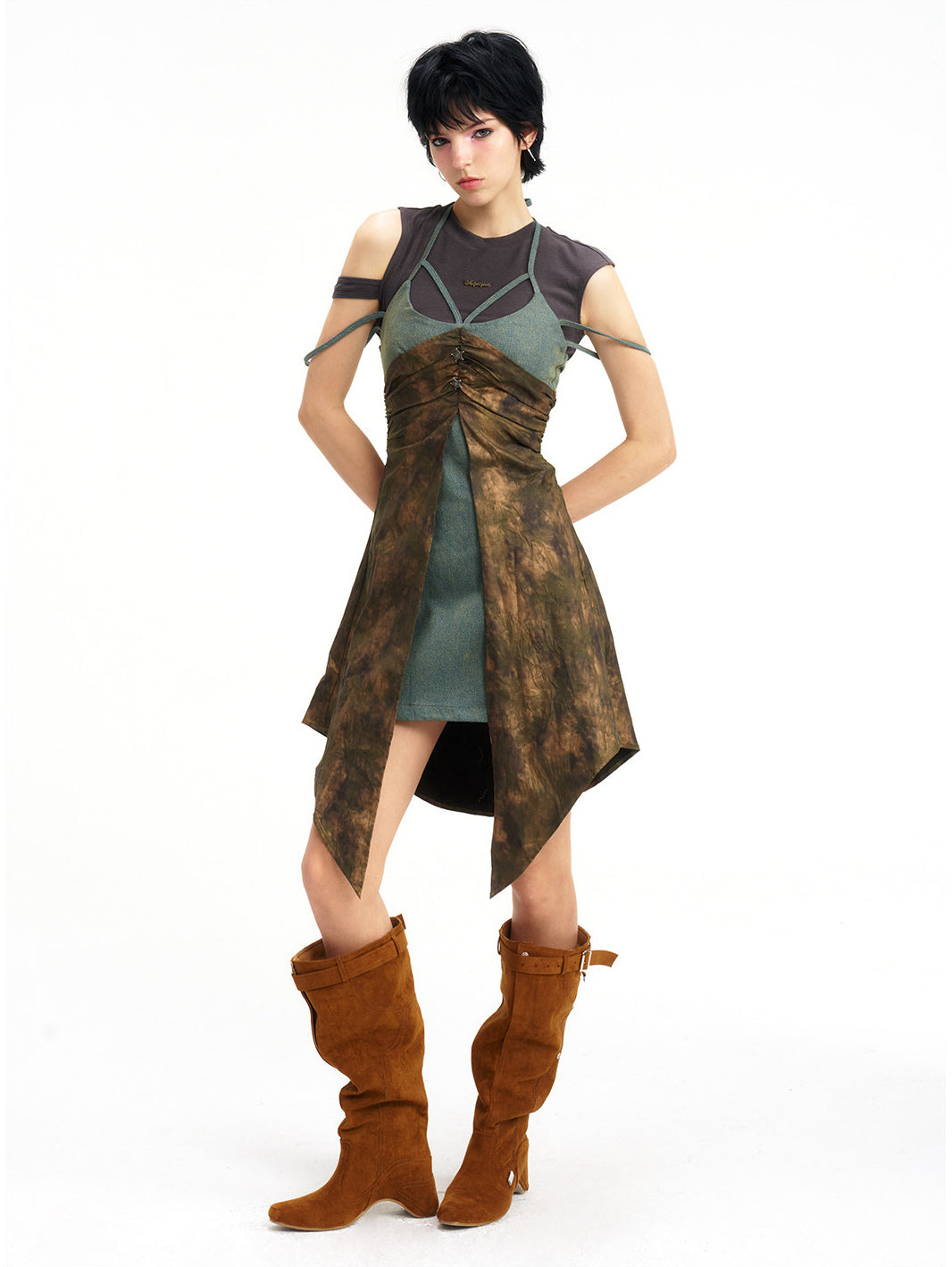 NEXT PASSPORT layered-waist camisole dress — front three-quarter full-length view.