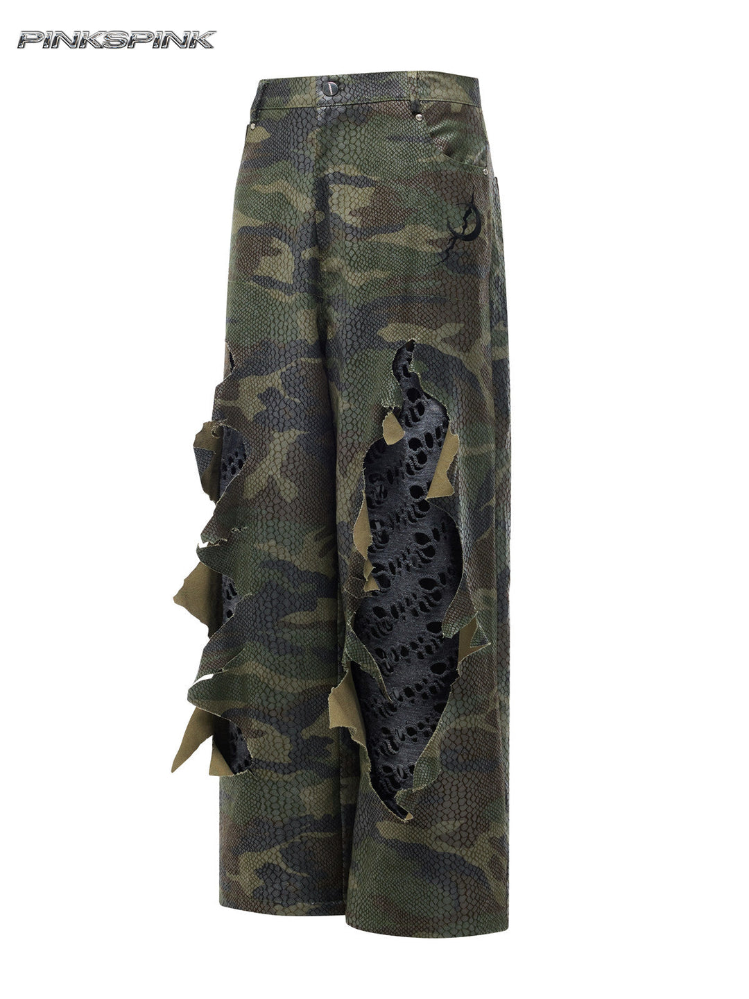 PINKSPINK DOUBLE STACK distressed camouflage wide-leg jeans — front garment view showing the layered leg openings