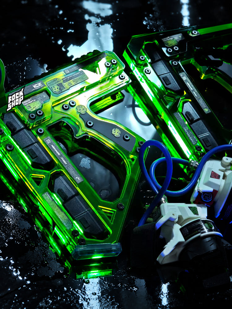 FOCKSHOP REBORN illuminated blaster prop — illuminated green props arranged with other costume equipment