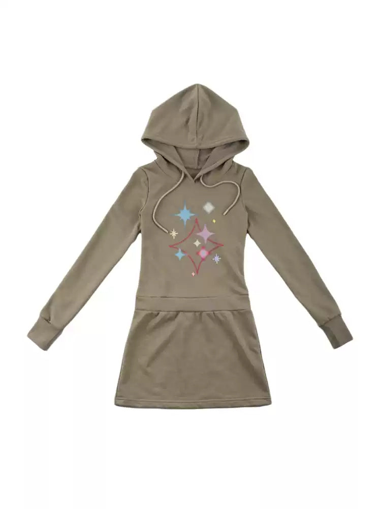 NEXT PASSPORT khaki-green star-print hooded sweatshirt dress, closed-back flat lay