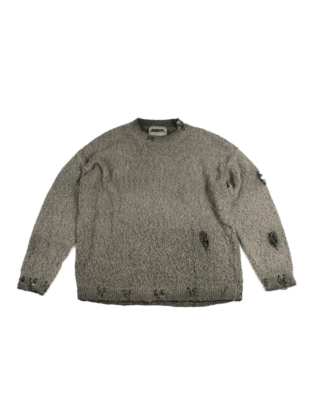 ARTEMIS distressed reversible knit sweater, moon dust gray, solo front view on white