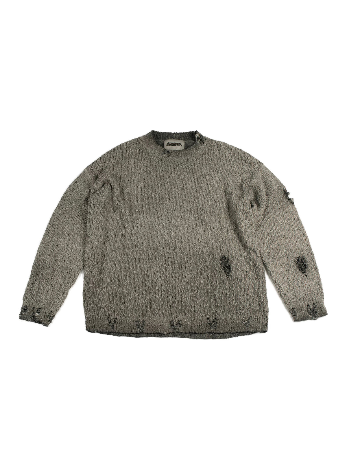 ARTEMIS distressed reversible knit sweater, moon dust gray, solo front view on white