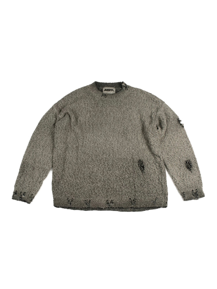 ARTEMIS distressed reversible knit sweater, moon dust gray, solo front view on white