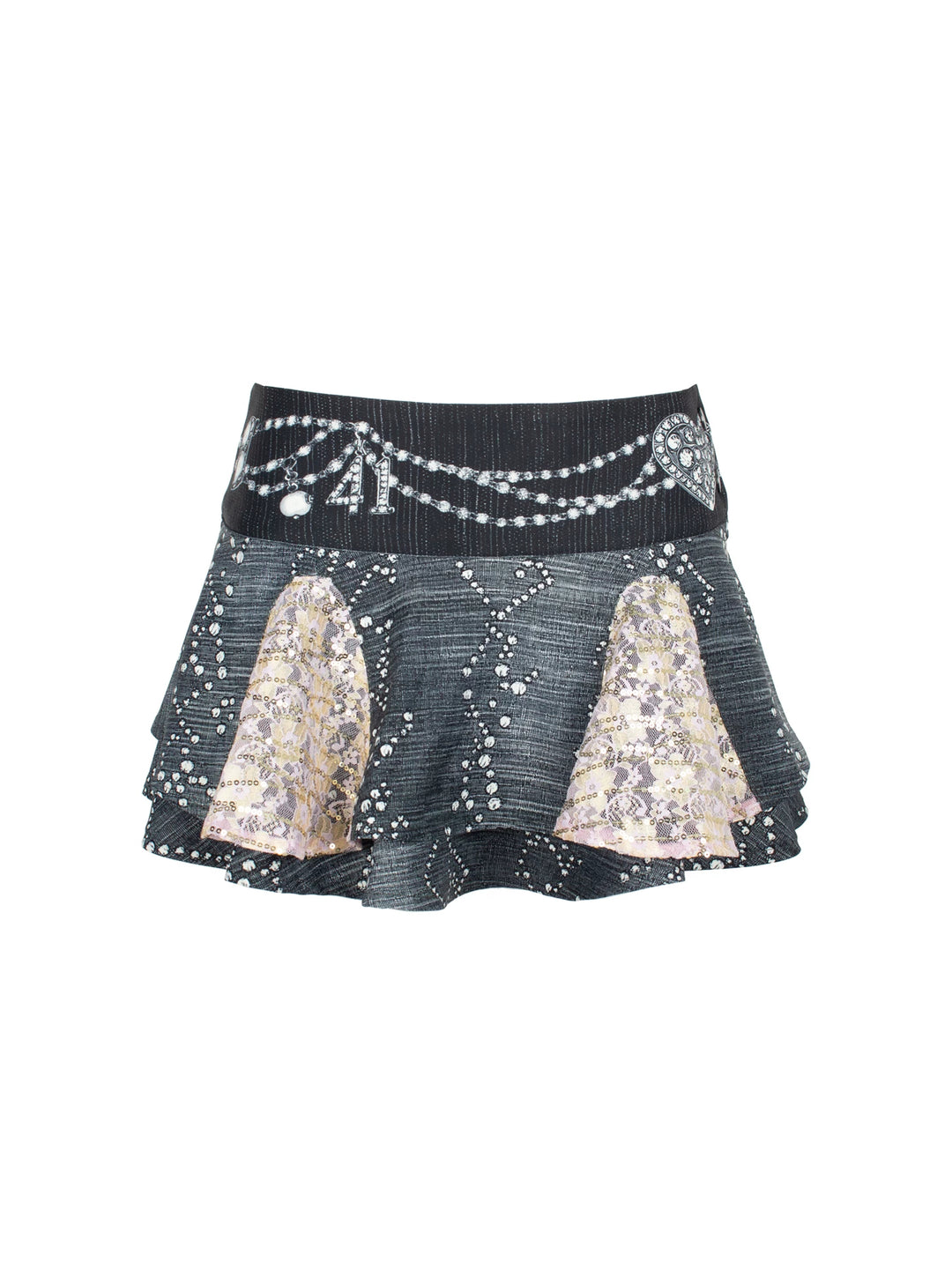 4RE1GN JEWEL denim-print lace mini skirt in black multicolor — front garment-only view showing jewel print and sequin lace panels