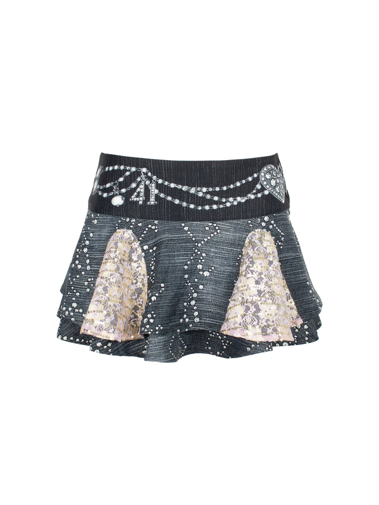 4RE1GN JEWEL denim-print lace mini skirt in black multicolor — front garment-only view showing jewel print and sequin lace panels