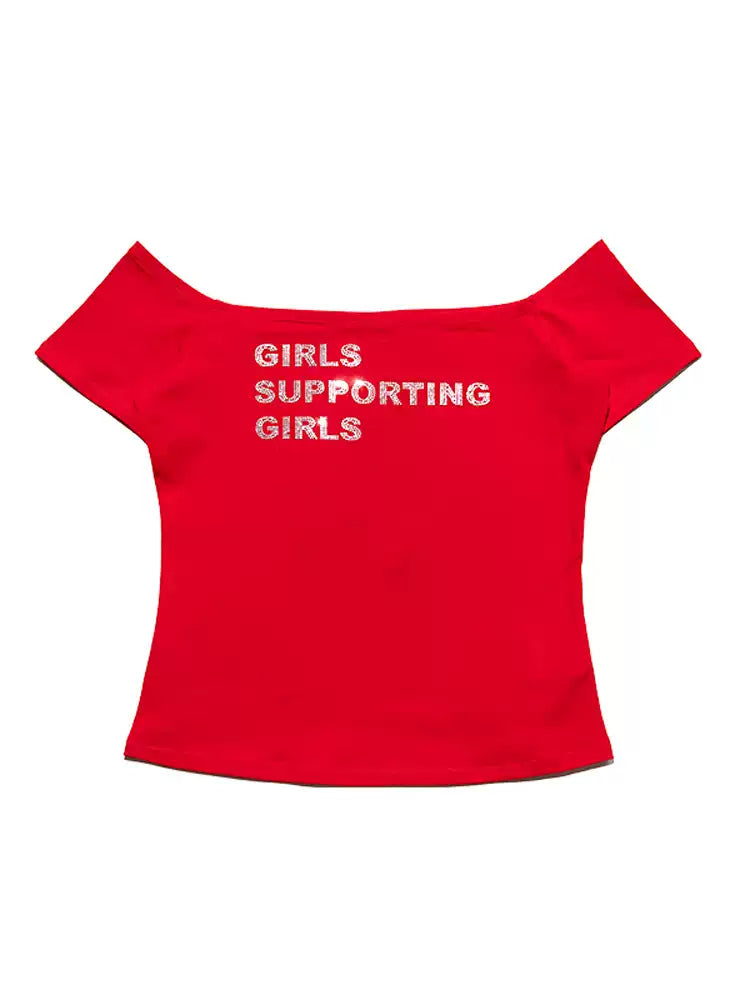 NEXT PASSPORT GIRLS SUPPORTING GIRLS rhinestone off-shoulder crop tee — red garment-only front view.
