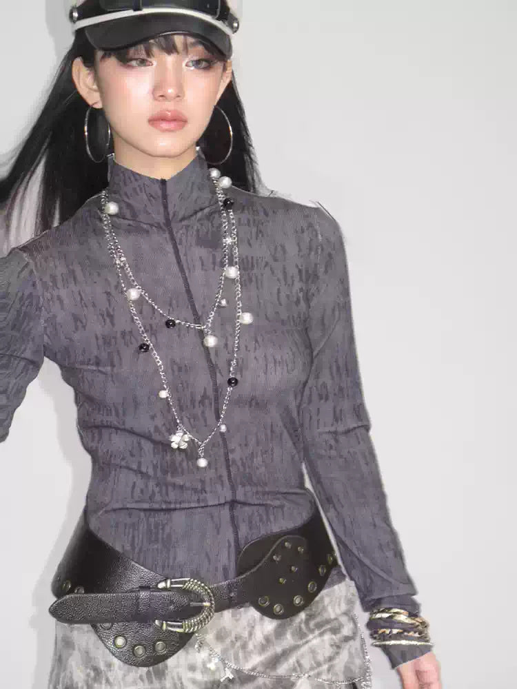 NEXT PASSPORT dark gray fitted mock-neck long-sleeve tee studio close-up.