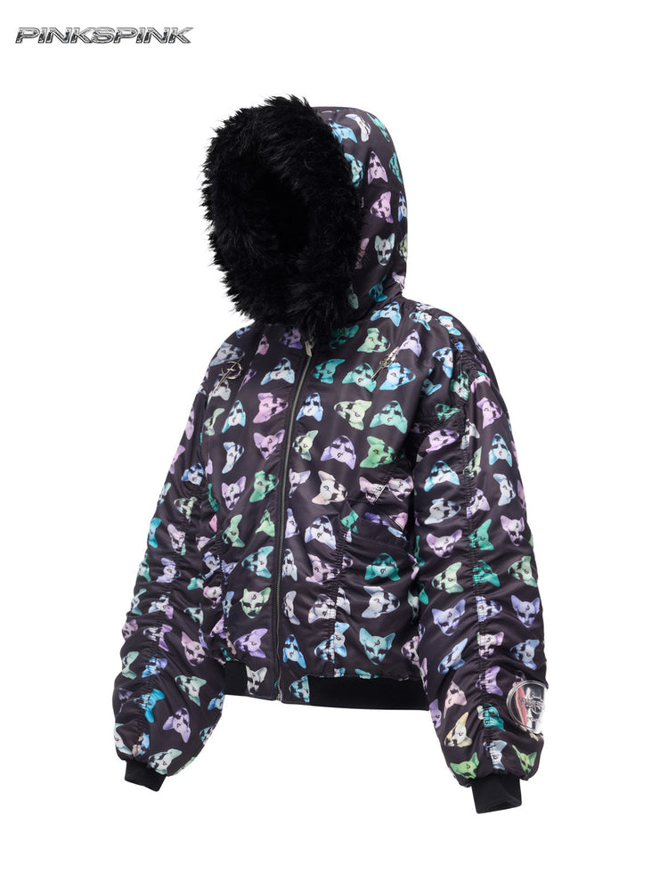PINKSPINK CAT ALIEN faux-fur collar padded jacket — front garment view showing the cat-print shell and fur-trimmed hood