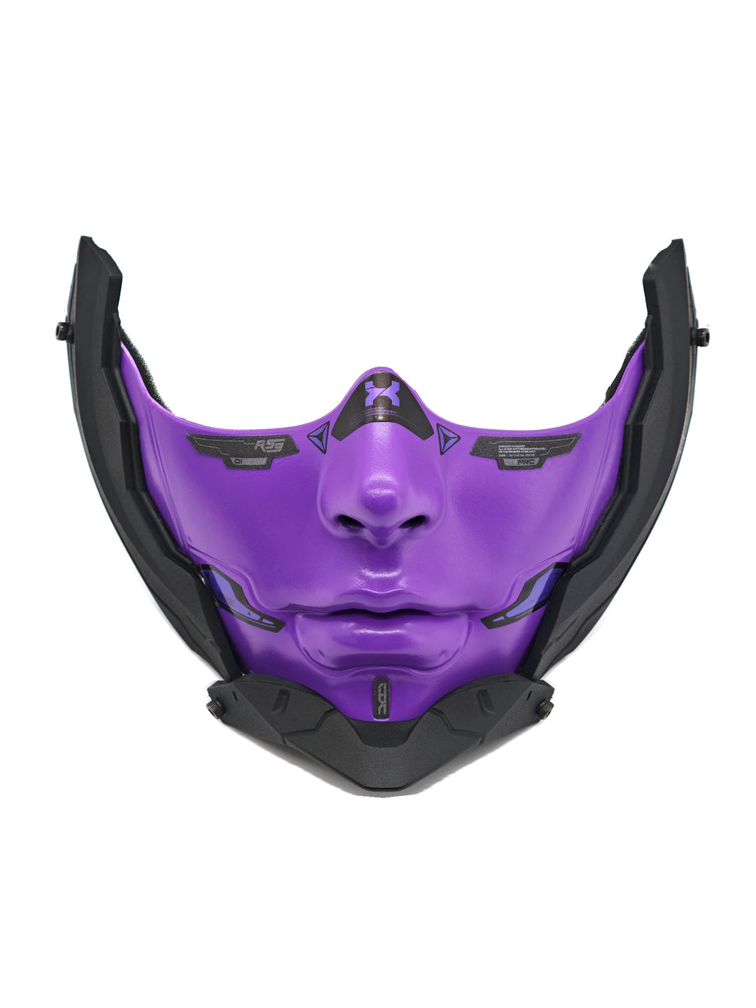 FOCKSHOP sharp-chin mask — purple 1B front view without the large cheek lettering, with pointed chin and thin-cord frame.