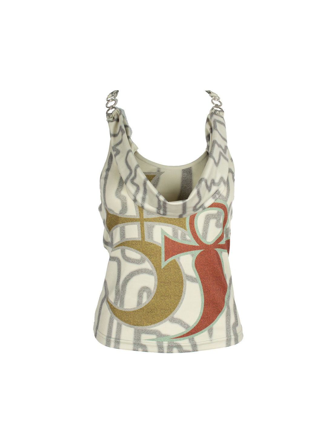 4RE1GN SIGIL cowl-neck halter top in ivory multicolor — front garment-only view showing the draped panel and abstract print