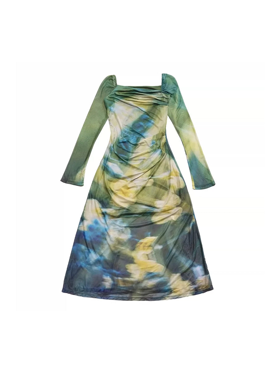 NEXT PASSPORT water-flower print mesh long-sleeve dress — flat lay