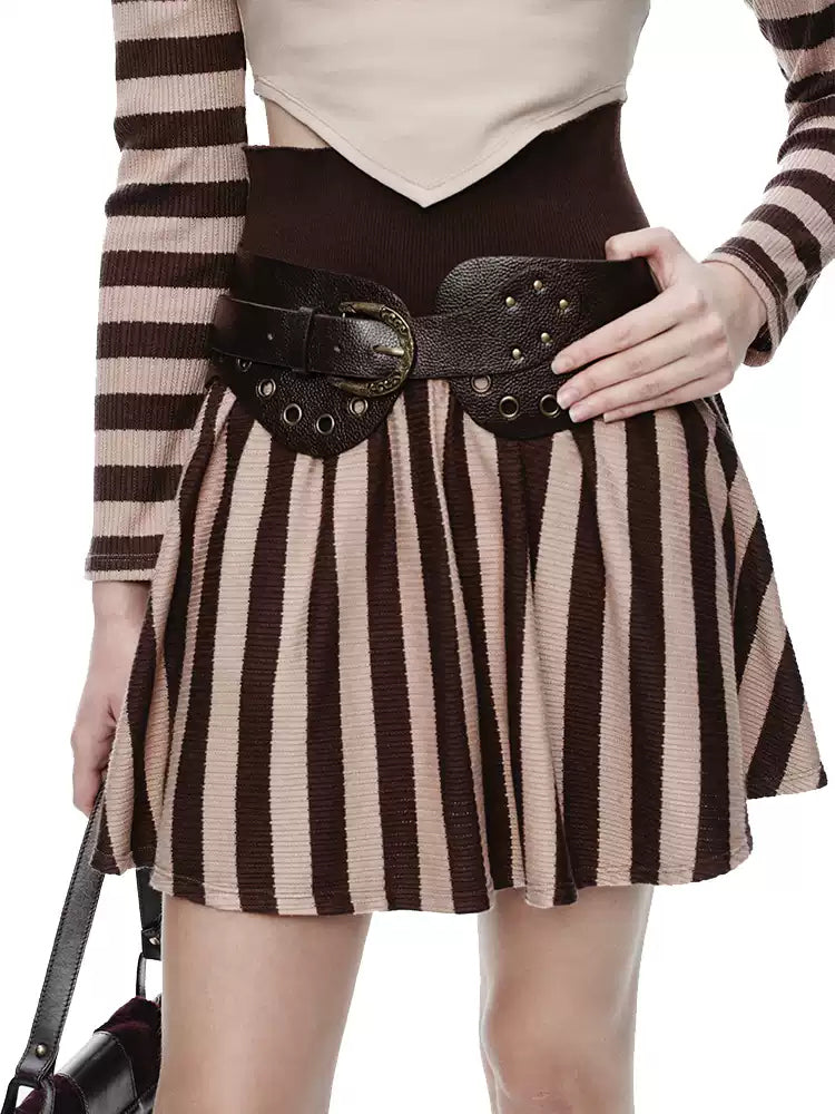 NEXT PASSPORT striped pleated mini skirt — khaki skirt styling detail