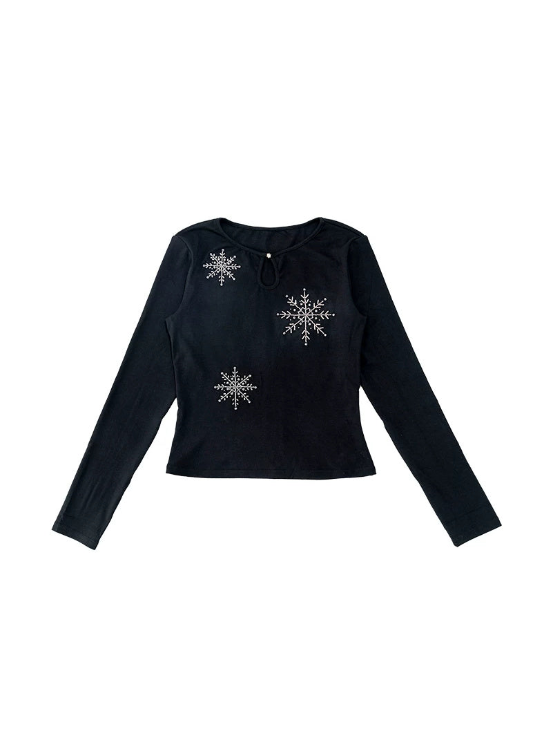 NEXT PASSPORT black rhinestone-snowflake keyhole long-sleeve tee, flat lay