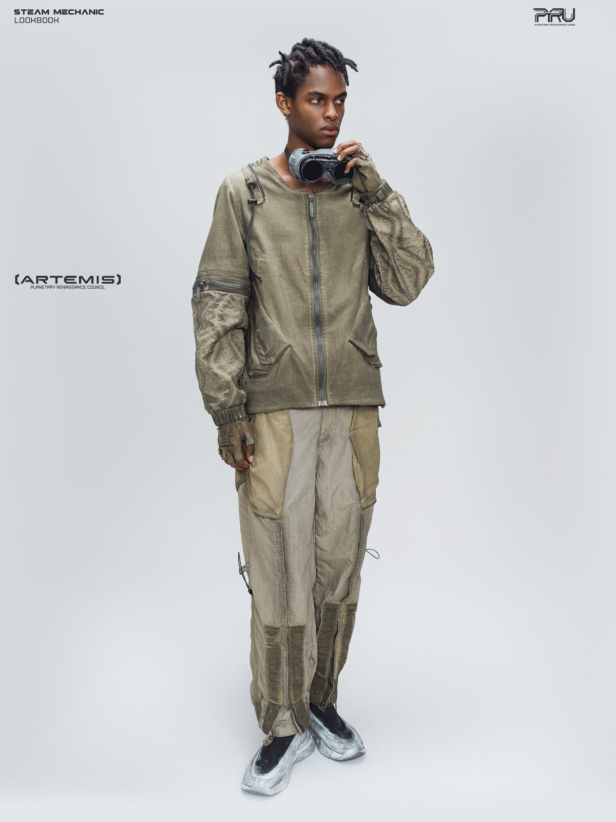 STEAM FUNCTION PIONEER mercury-brown detachable-sleeve jacket, full-length styling with sleeves attached