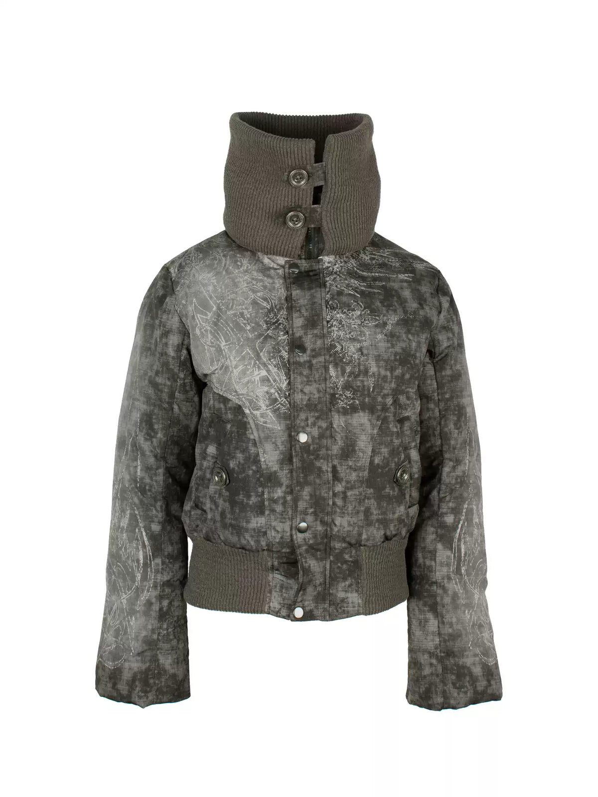 4RE1GN MYSTIC STAR knit-collar down jacket in gray multicolor — front garment-only view showing the tall knit collar