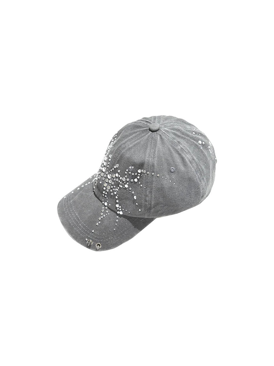 NEXT PASSPORT butterfly rhinestone eyelet baseball cap — gray flat-lay product view on white