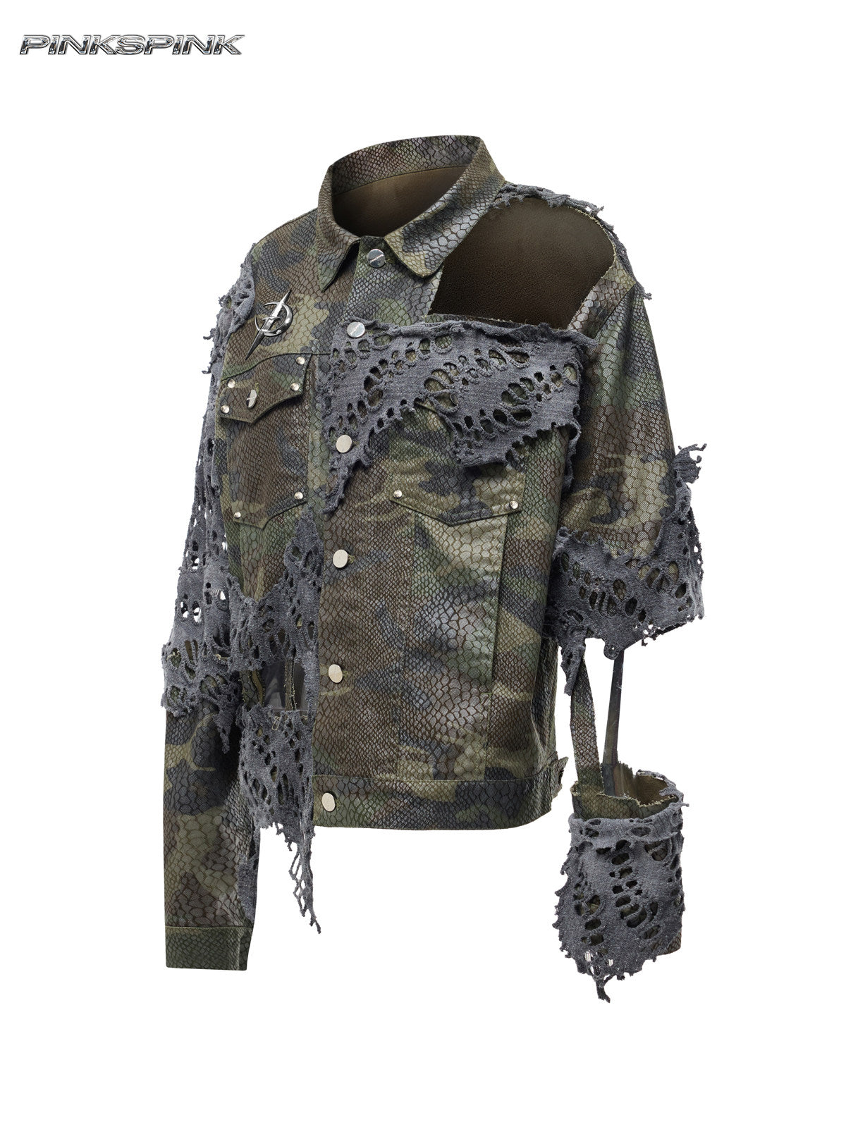 PINKSPINK ELECTRIC MOON distressed camouflage denim jacket — front garment view showing the cutout shoulder and distressed overlays