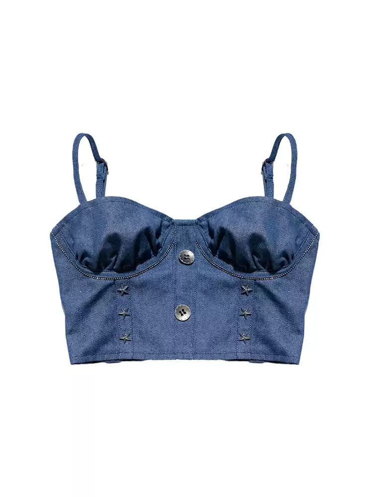 NEXT PASSPORT studded ruched denim camisole top — garment-only front view