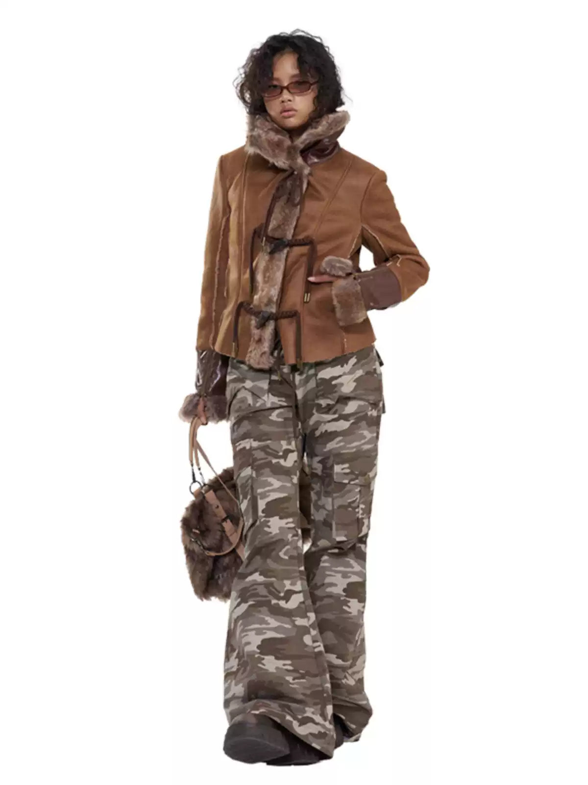 NEXT PASSPORT dark-brown rope-toggle shearling cropped jacket, full-length walking studio pose