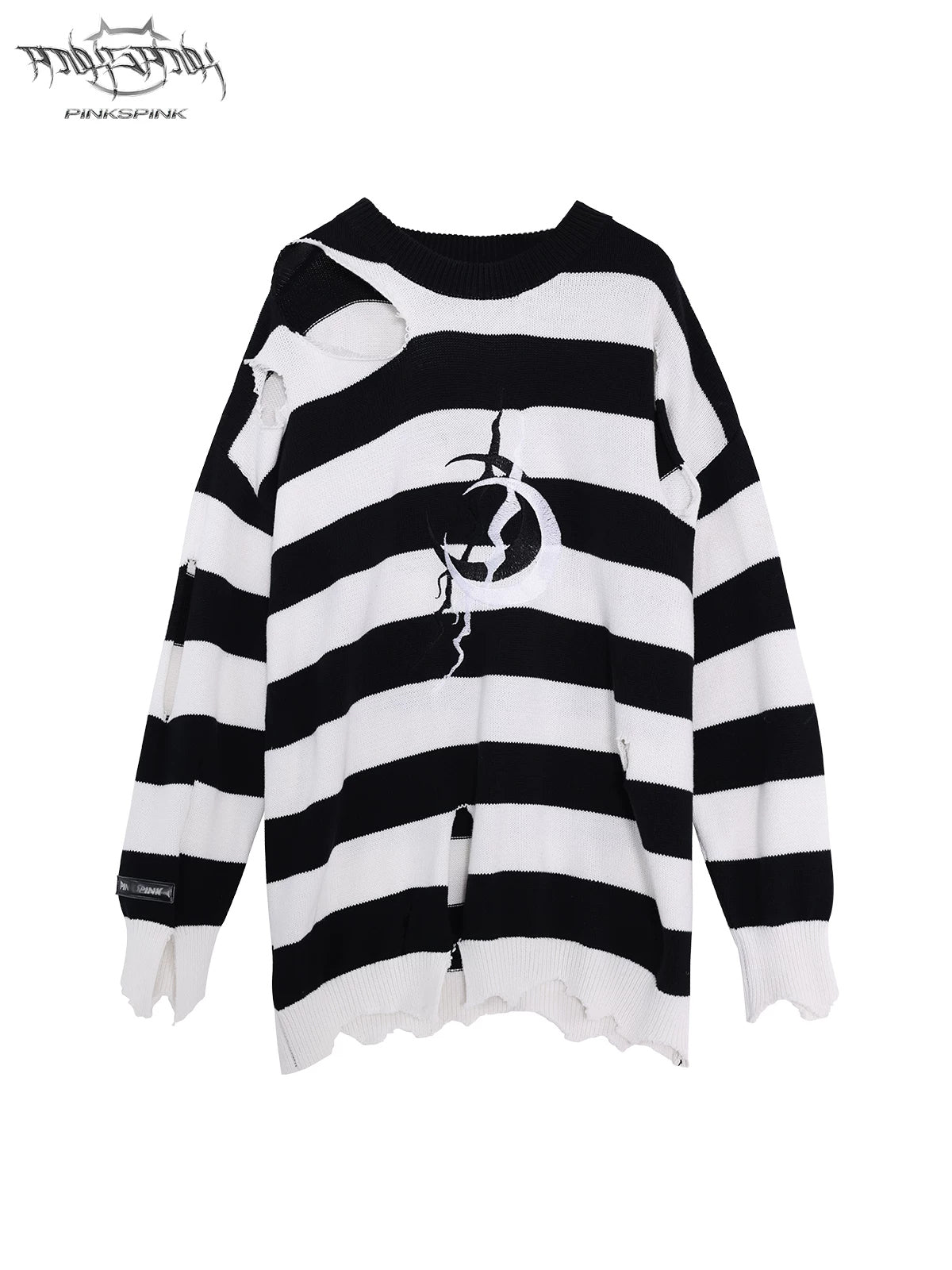 PINKSPINK ELECTRIC MOON distressed striped sweater in BLACK WHITE STRIPE — garment-only front view on white.