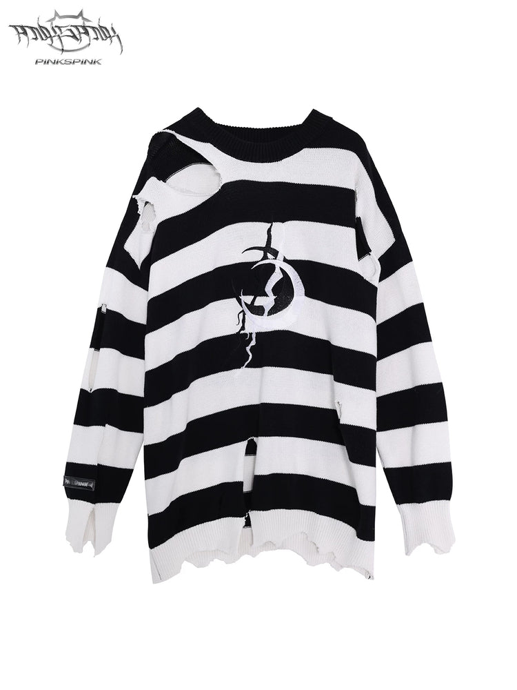 PINKSPINK ELECTRIC MOON distressed striped sweater in BLACK WHITE STRIPE — garment-only front view on white.