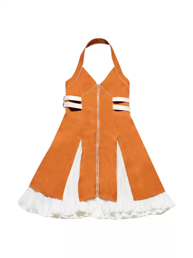 NEXT PASSPORT color-block halter-neck double-slit layered dress — orange white flat lay