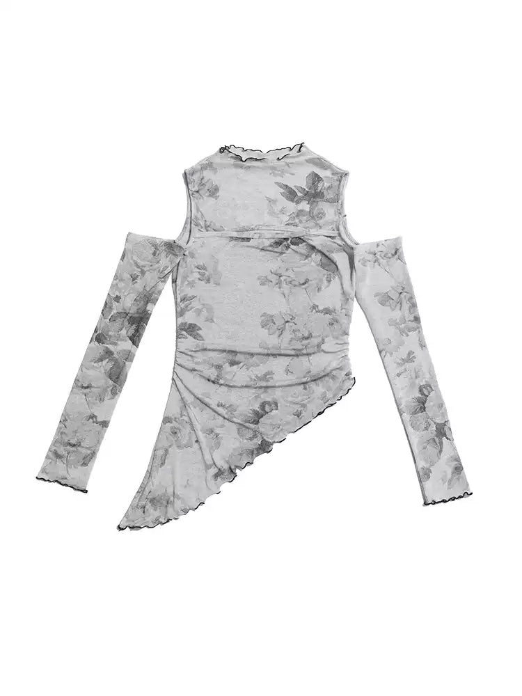 NEXT PASSPORT gray ink-print asymmetric off-shoulder top