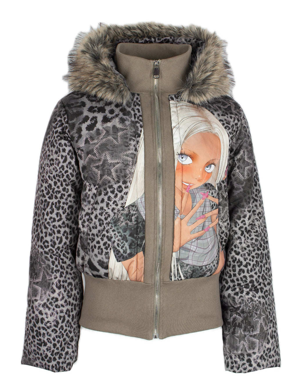 4RE1GN NAILS DONE leopard graphic down jacket in gray multicolor — front garment-only view showing the leopard print and girl graphic