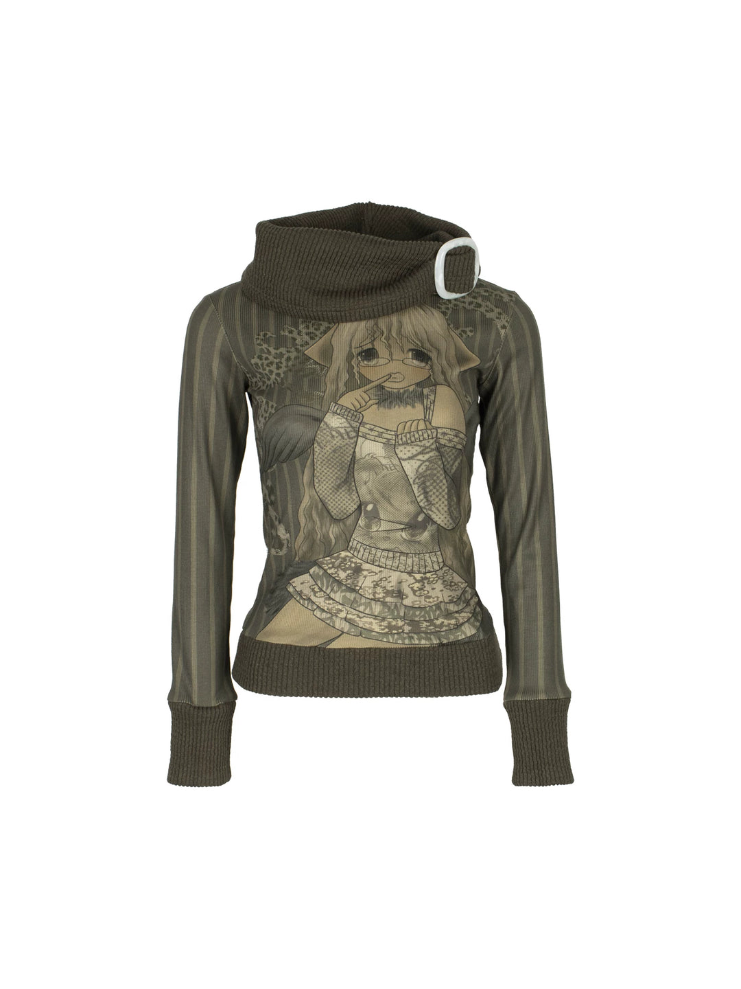 4RE1GN COMIC STRIPE scarf-neck long-sleeve tee in olive green — front garment-only view showing the square collar buckle