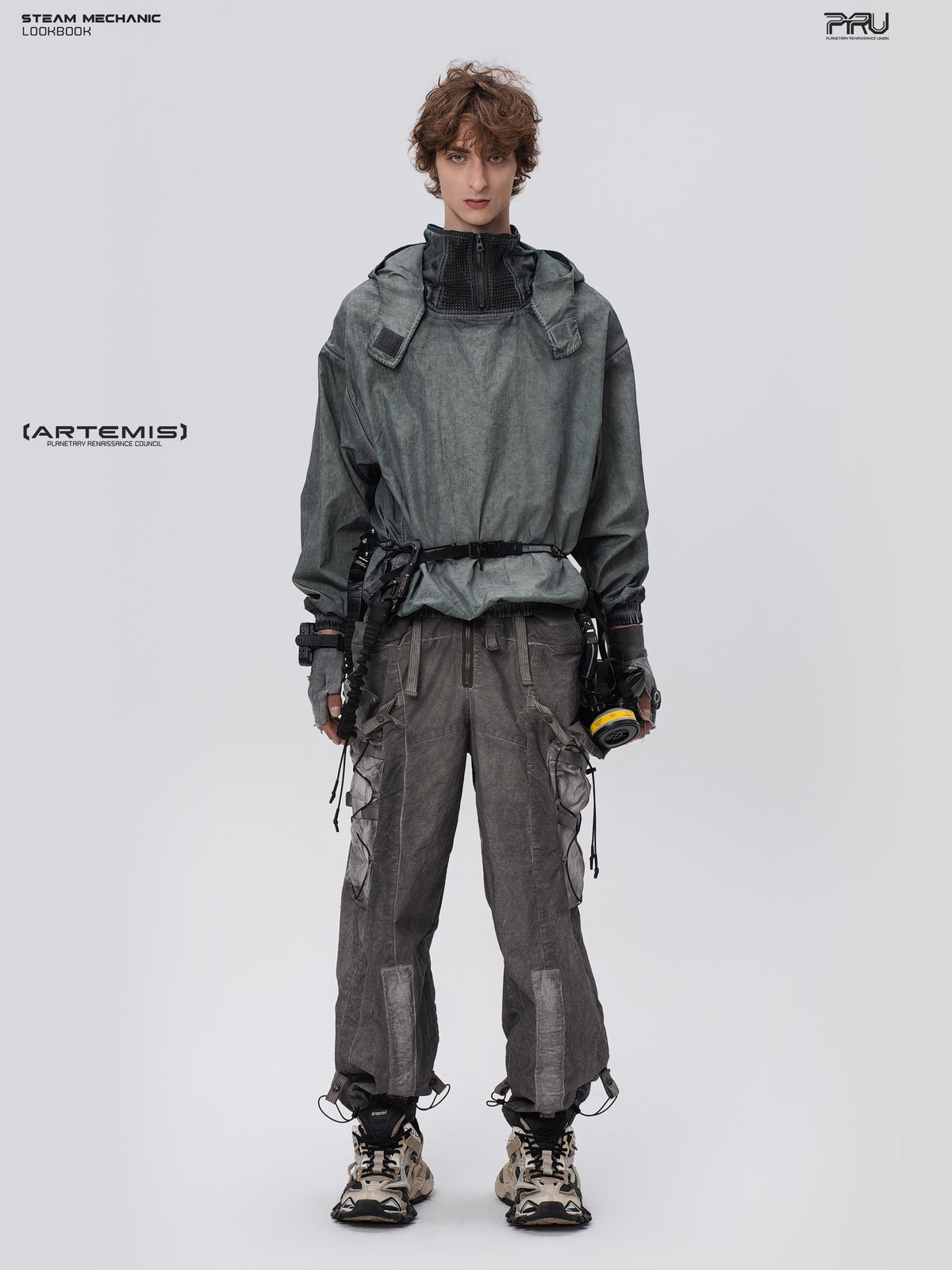 STEAM FUNCTION PIONEER moon-blue mesh hoodie, full-body front styling with gray cargo trousers