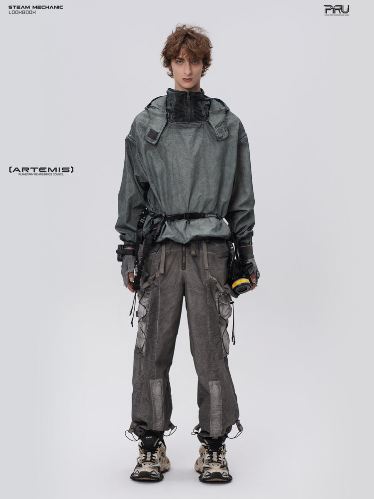 PIONEER detachable-hood mesh hoodie in moon shadow blue, full-body front styling with gray cargo trousers