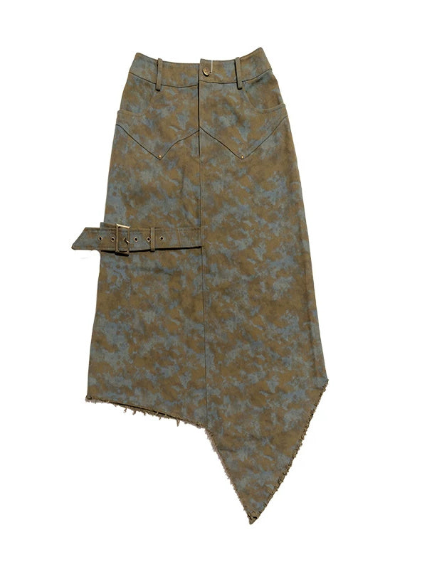 NEXT PASSPORT blue-brown tie-dye asymmetric denim midi skirt — garment-only front flat lay showing the tie-dye pattern and side strap.