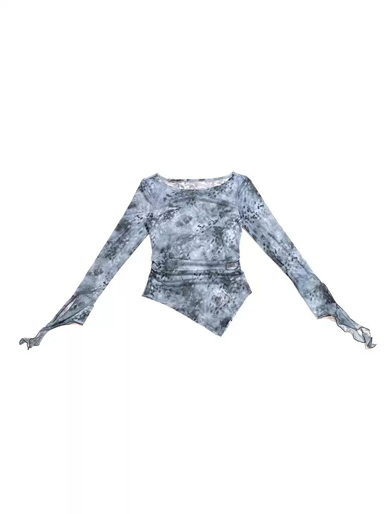 NEXT PASSPORT blue-gray printed mesh asymmetric long-sleeve top, photo 5