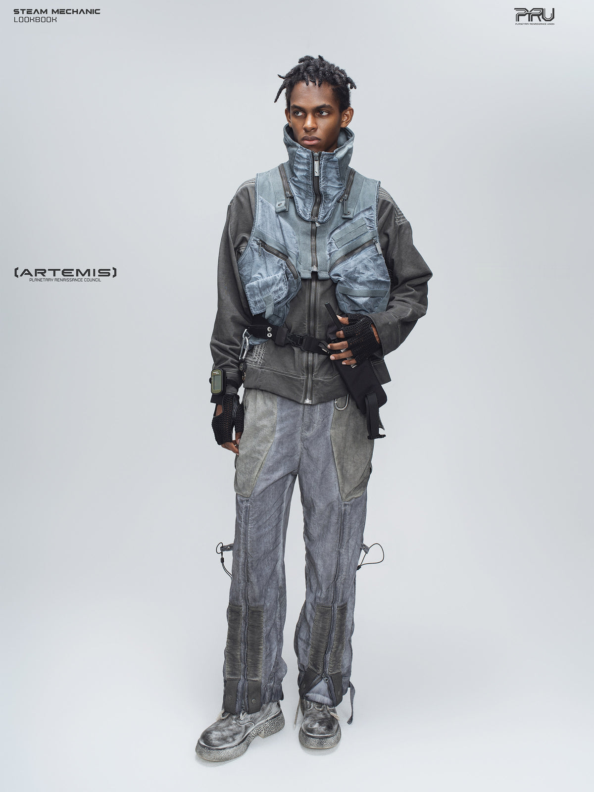 FISSION modular vest in star blue, full-body front styling with gray layers