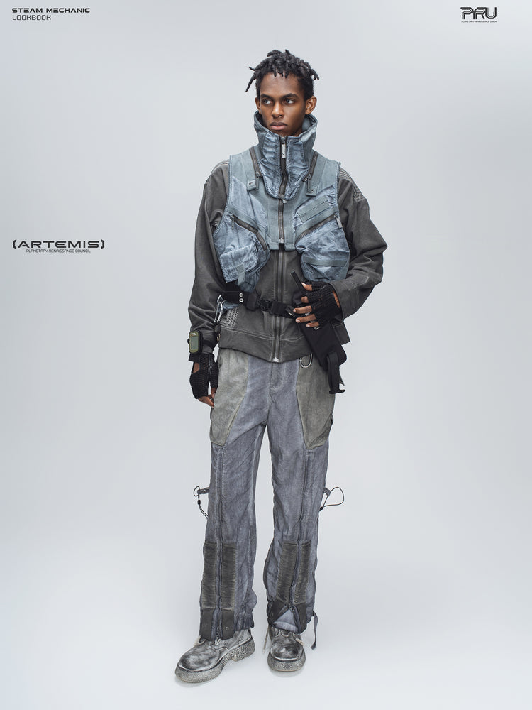 FISSION modular vest in star blue, full-body front styling with gray layers