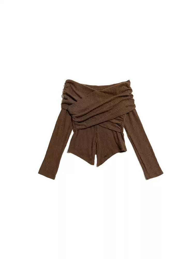 NEXT PASSPORT dark-brown twisted off-shoulder long-sleeve tee, white-background flat lay