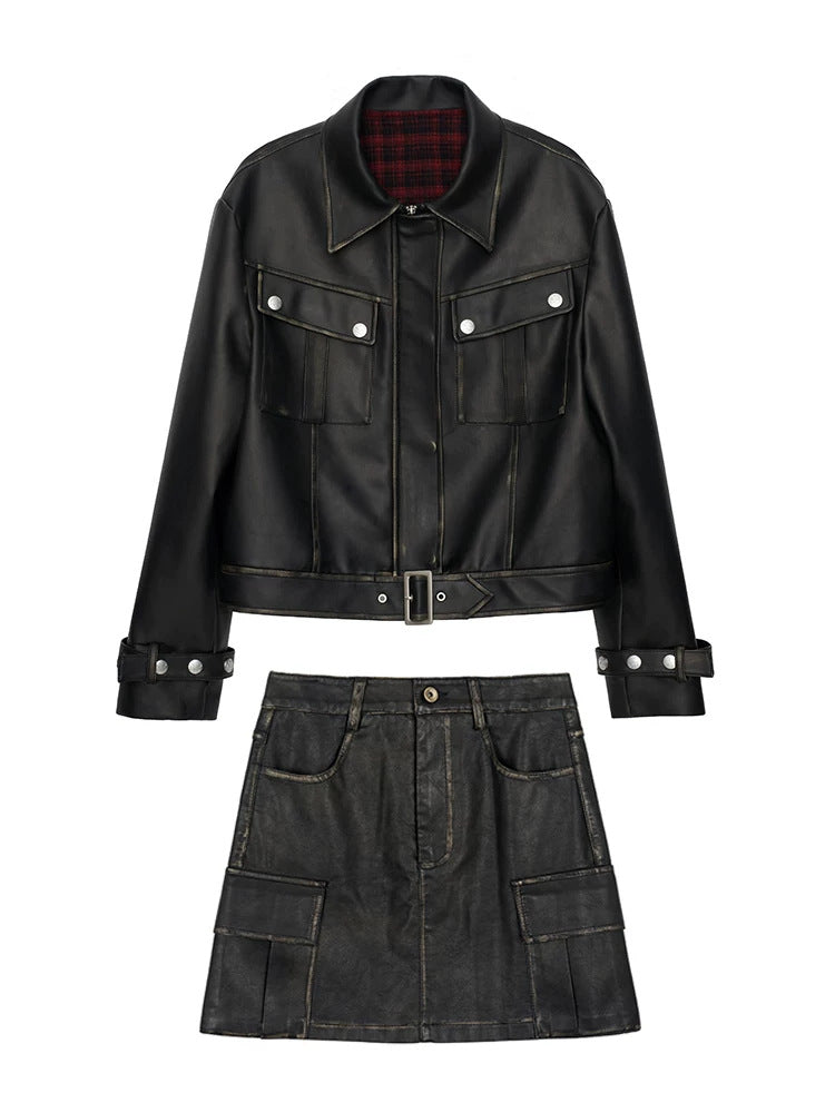 NEXT PASSPORT distressed black PU jacket and cargo-pocket mini skirt set, garment-only view