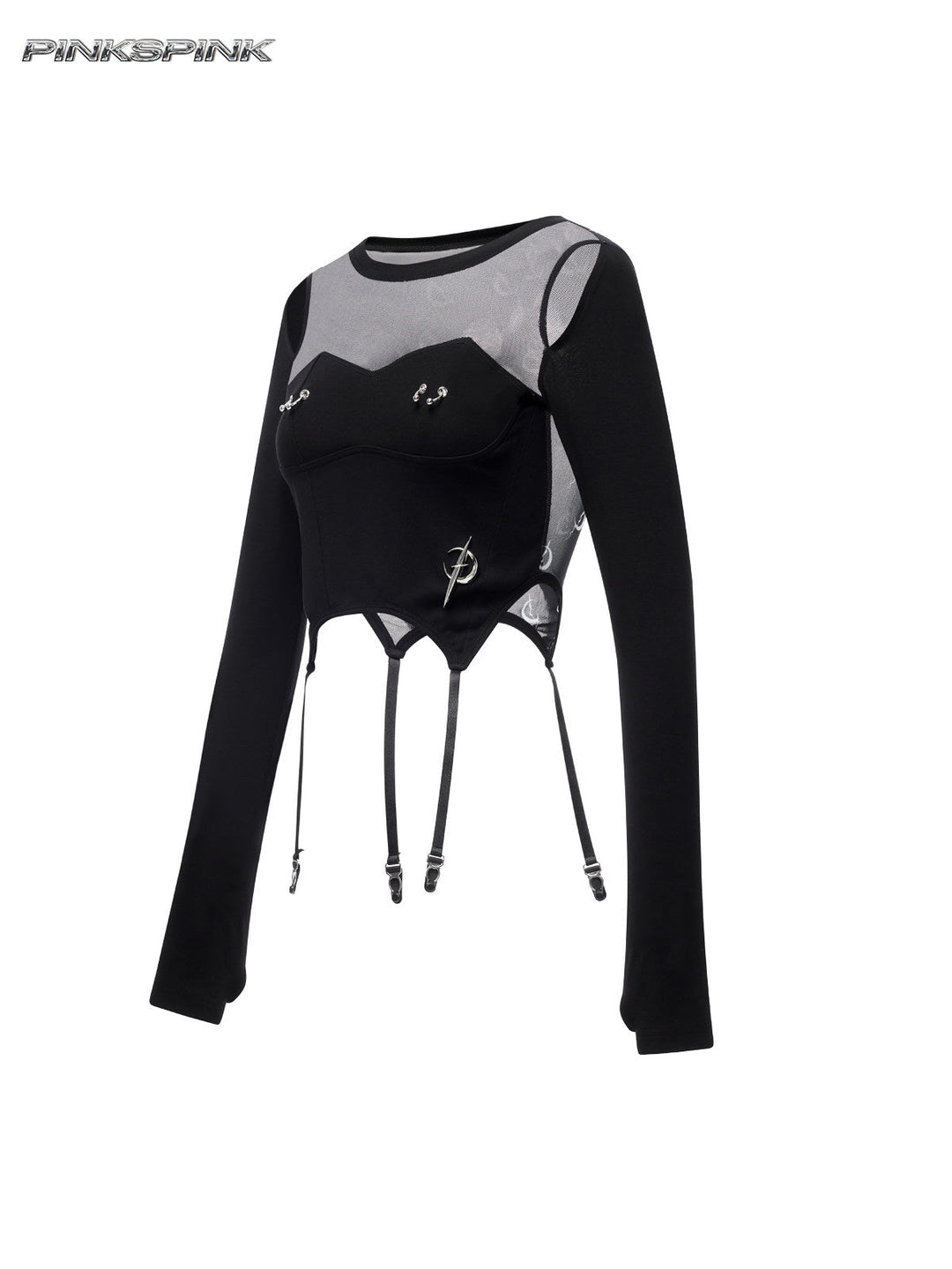 PINKSPINK ELECTRIC MOON reconstructed mesh tee — front garment view showing shoulder cutouts and hanging straps