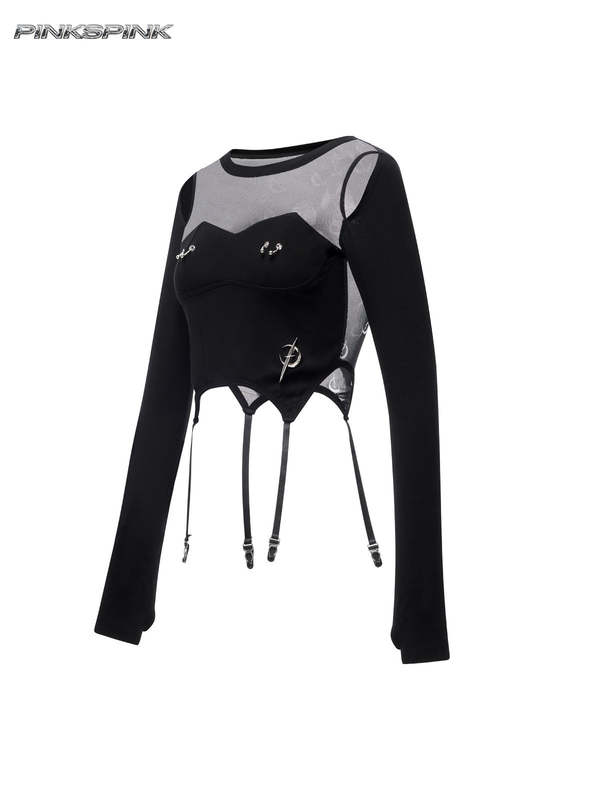 PINKSPINK ELECTRIC MOON reconstructed mesh tee — front garment view showing shoulder cutouts and hanging straps